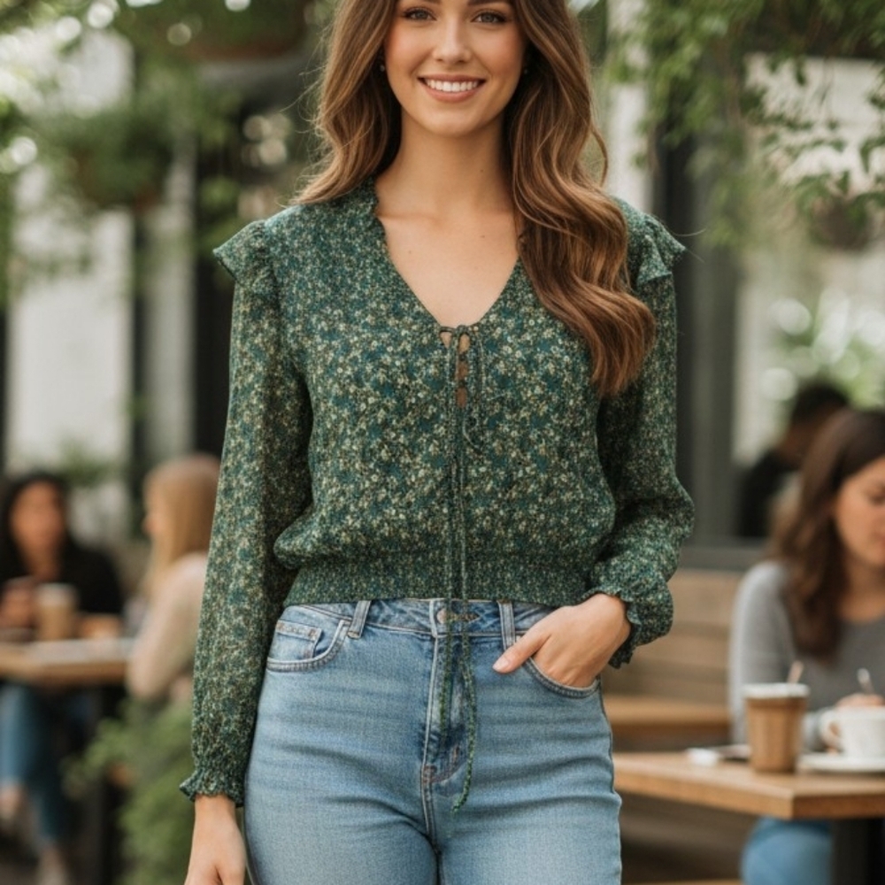 Free People Dark Green Floral Blouse - Picture 6 of 6